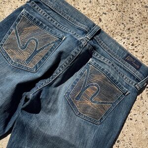 Citizens Of Humanity Bootcut Jeans in Blue with Tan Embroidered Pockets